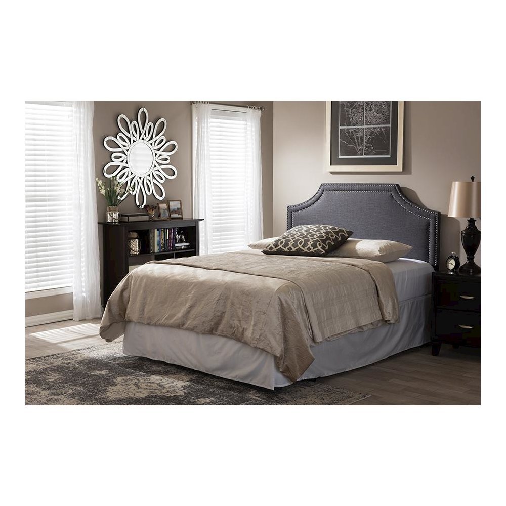 Avignon Modern and Contemporary Dark Grey Fabric Upholstered Full Size Headboard. Picture 4