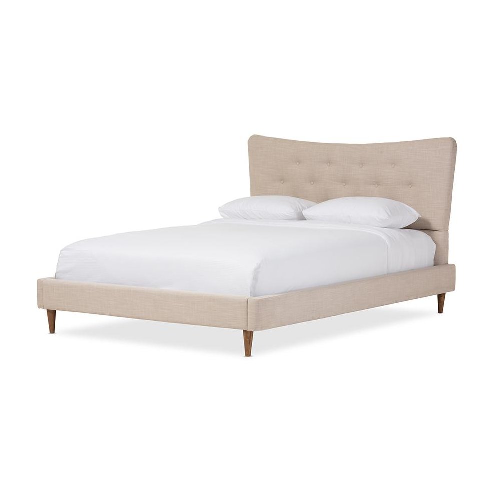 Baxton Studio Hannah Mid-Century Modern Beige Linen Queen Size Platform Bed. Picture 1
