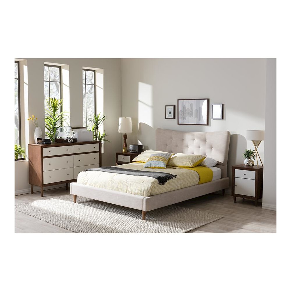 Baxton Studio Hannah Mid-Century Modern Beige Linen Queen Size Platform Bed. Picture 5