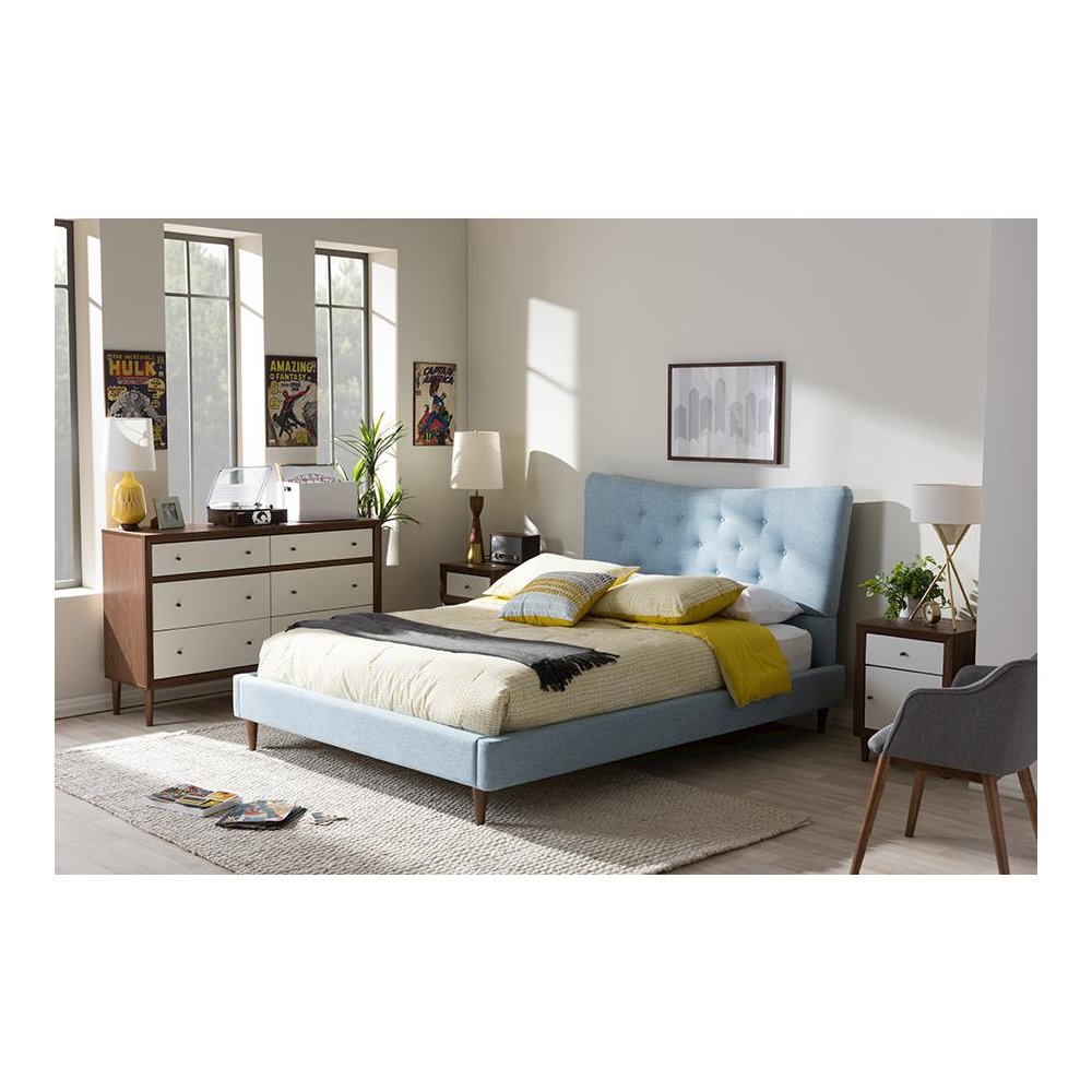 Baxton Studio Hannah Mid-Century Modern Sky Blue Fabric Queen Size Platform Bed. Picture 5