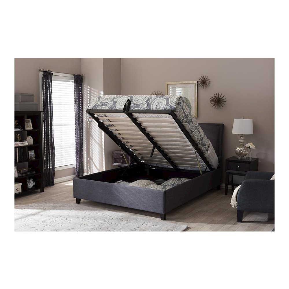 Lea Modern and Contemporary Dark Grey Fabric Queen Size Storage Platform Bed. Picture 9