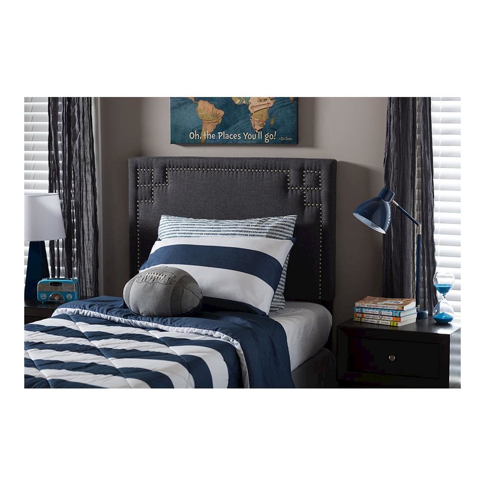 Geneva Modern and Contemporary Dark Grey Fabric Upholstered Twin Size Headboard. Picture 4