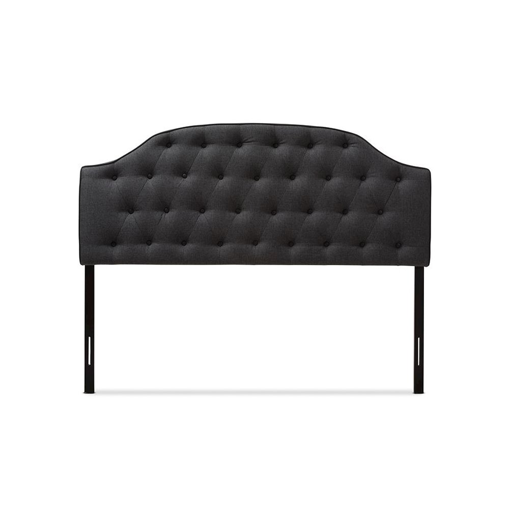 Dark Grey Fabric Upholstered Scalloped Buttoned Queen Size Headboard. Picture 2