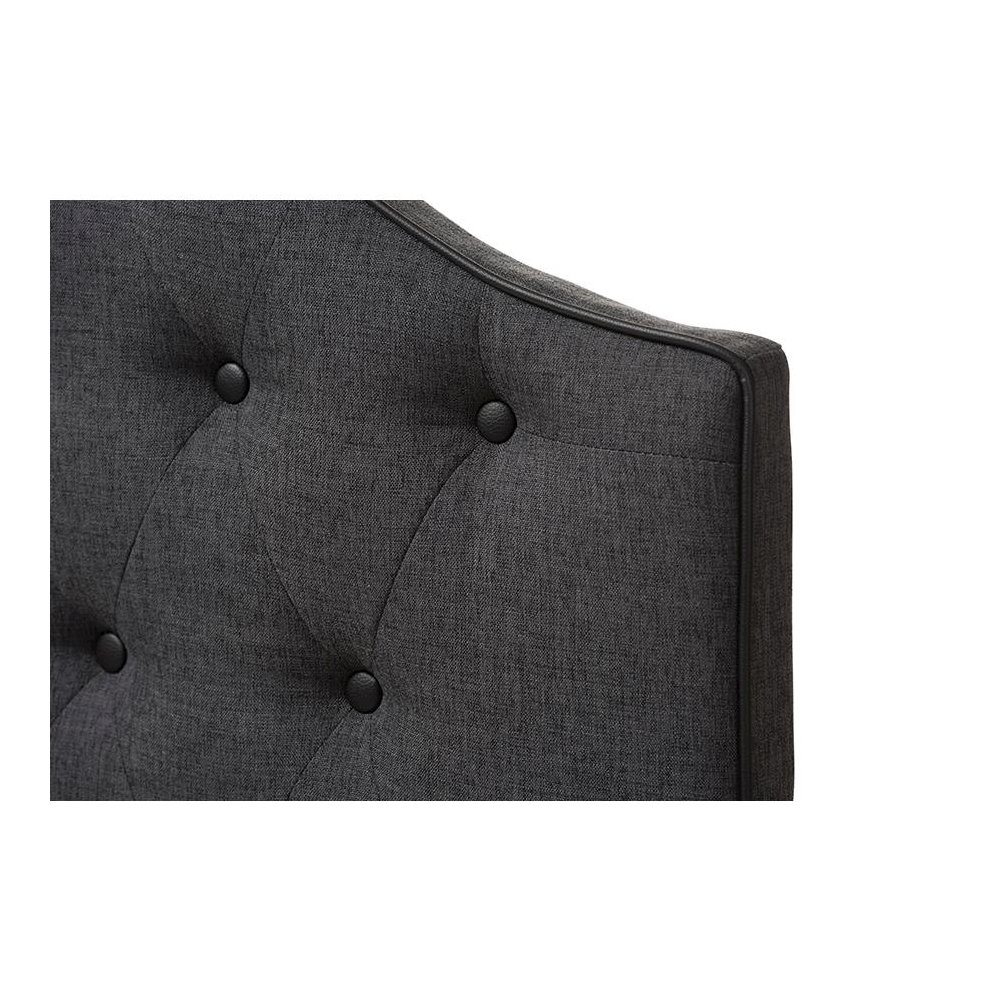 Dark Grey Fabric Upholstered Scalloped Buttoned Queen Size Headboard. Picture 3