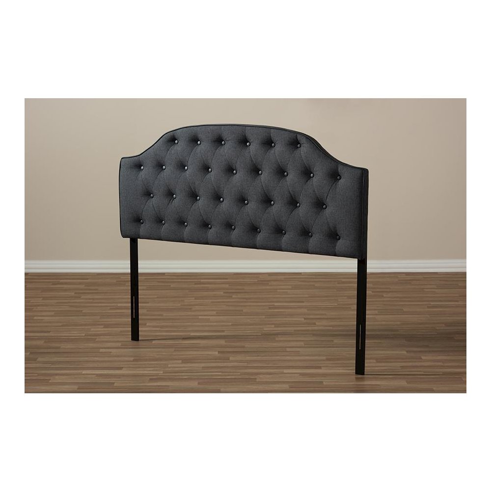 Dark Grey Fabric Upholstered Scalloped Buttoned Queen Size Headboard. Picture 5