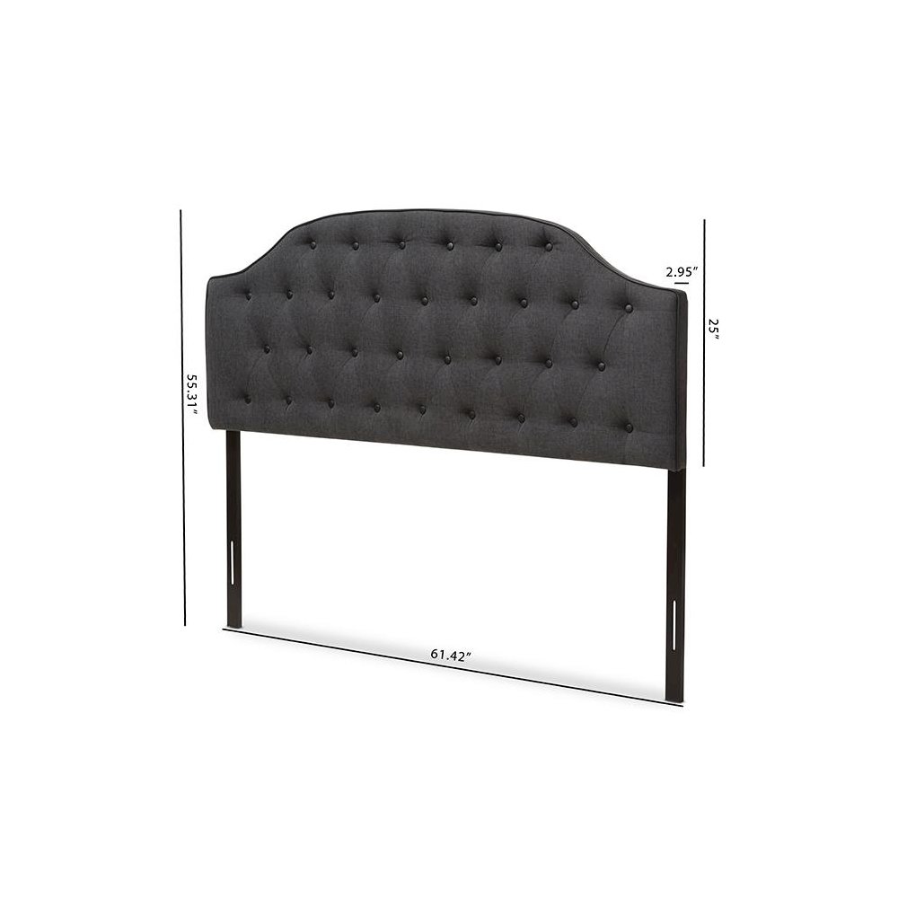 Dark Grey Fabric Upholstered Scalloped Buttoned Queen Size Headboard. Picture 6