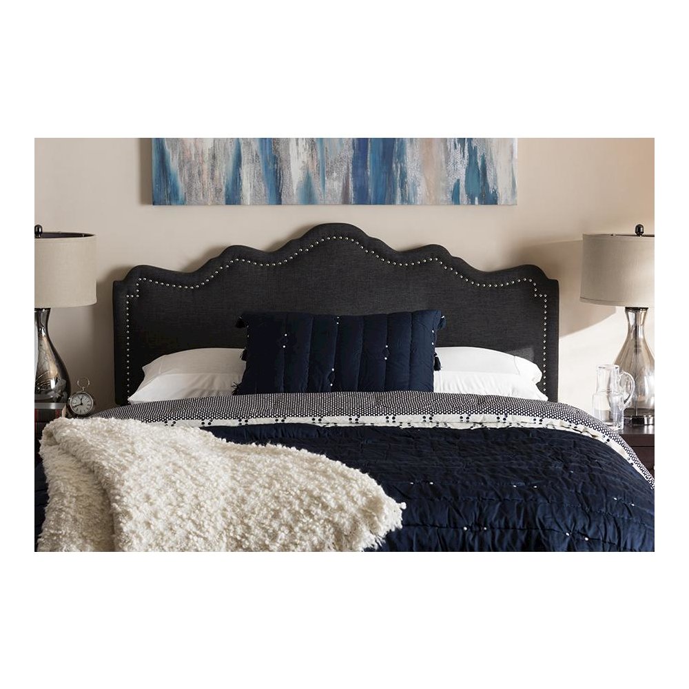 Nadeen Modern and Contemporary Dark Grey Fabric Full Size Headboard. Picture 4
