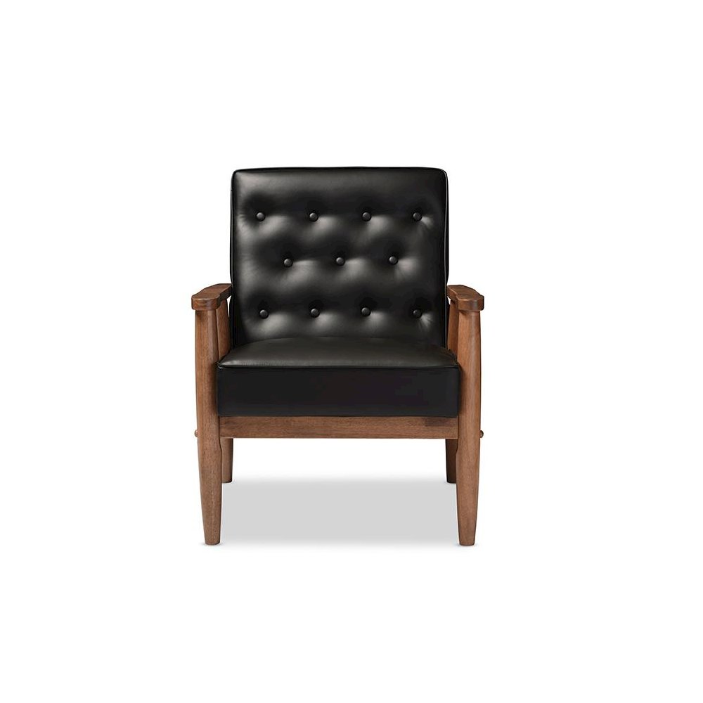 Mid-century Retro Modern Black Faux Leather Upholstered Wooden Lounge Chair. Picture 5
