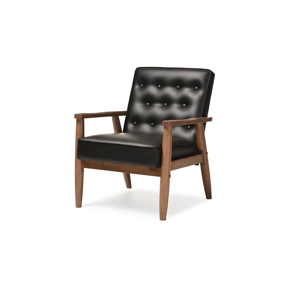Mid-century Retro Modern Black Faux Leather Upholstered Wooden Lounge Chair. Picture 1