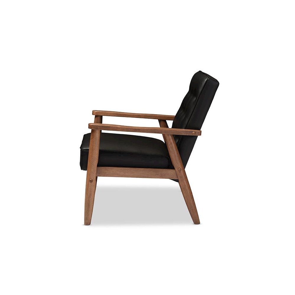 Mid-century Retro Modern Black Faux Leather Upholstered Wooden Lounge Chair. Picture 2