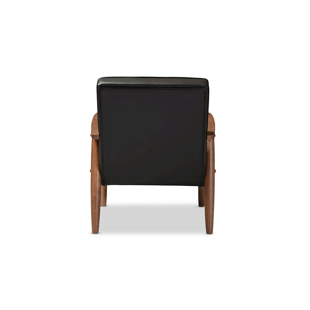 Mid-century Retro Modern Black Faux Leather Upholstered Wooden Lounge Chair. Picture 3