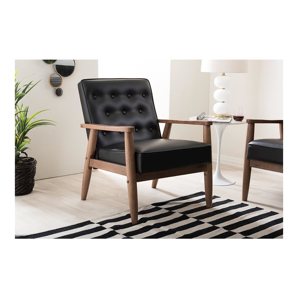 Mid-century Retro Modern Black Faux Leather Upholstered Wooden Lounge Chair. Picture 4