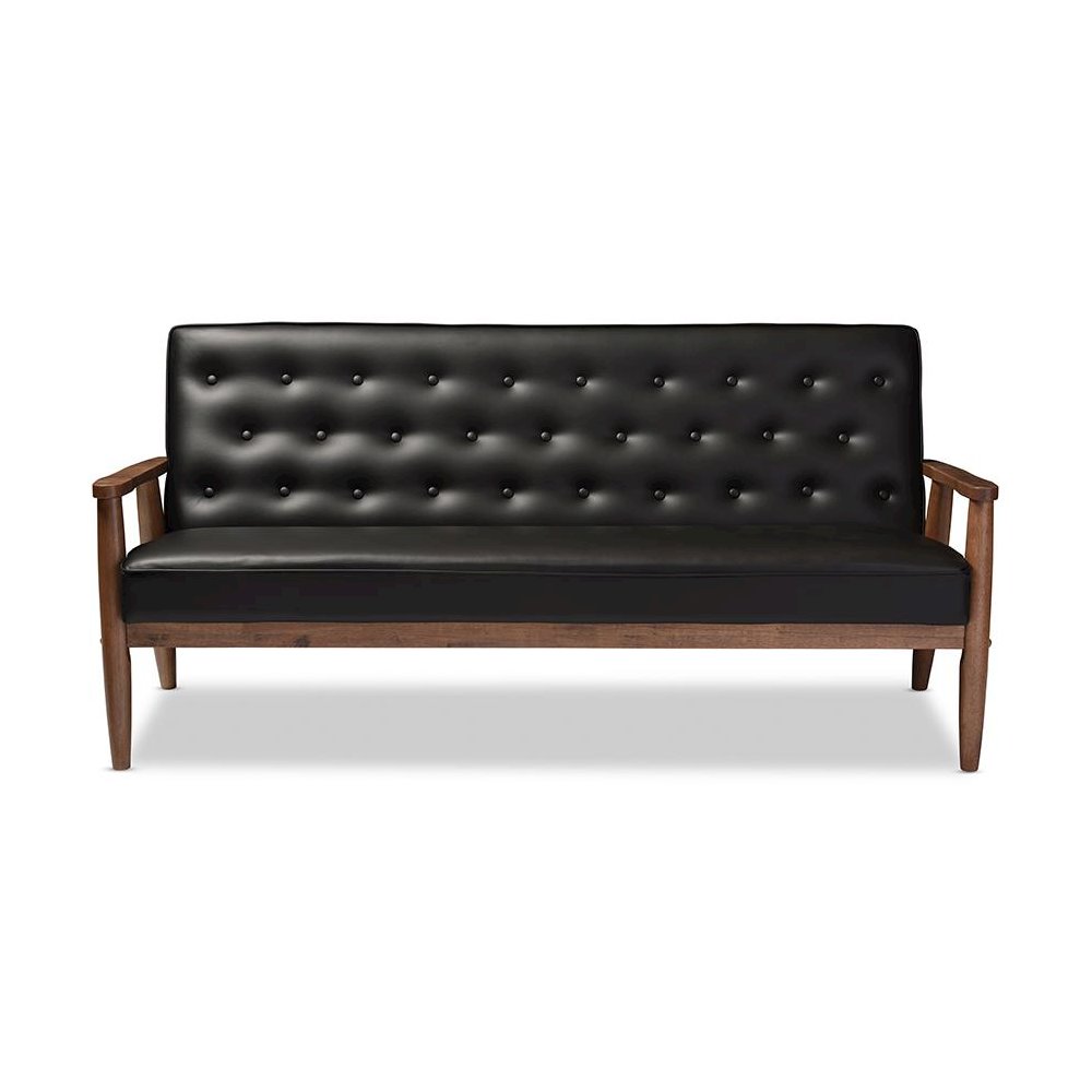 Mid-century Retro Modern Black Faux Leather Upholstered Wooden 3-seater Sofa. Picture 5