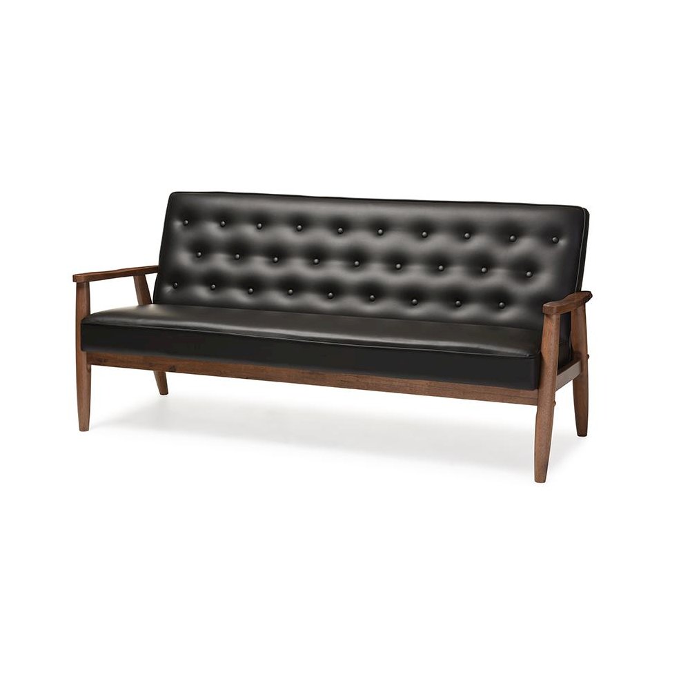 Mid-century Retro Modern Black Faux Leather Upholstered Wooden 3-seater Sofa. Picture 1