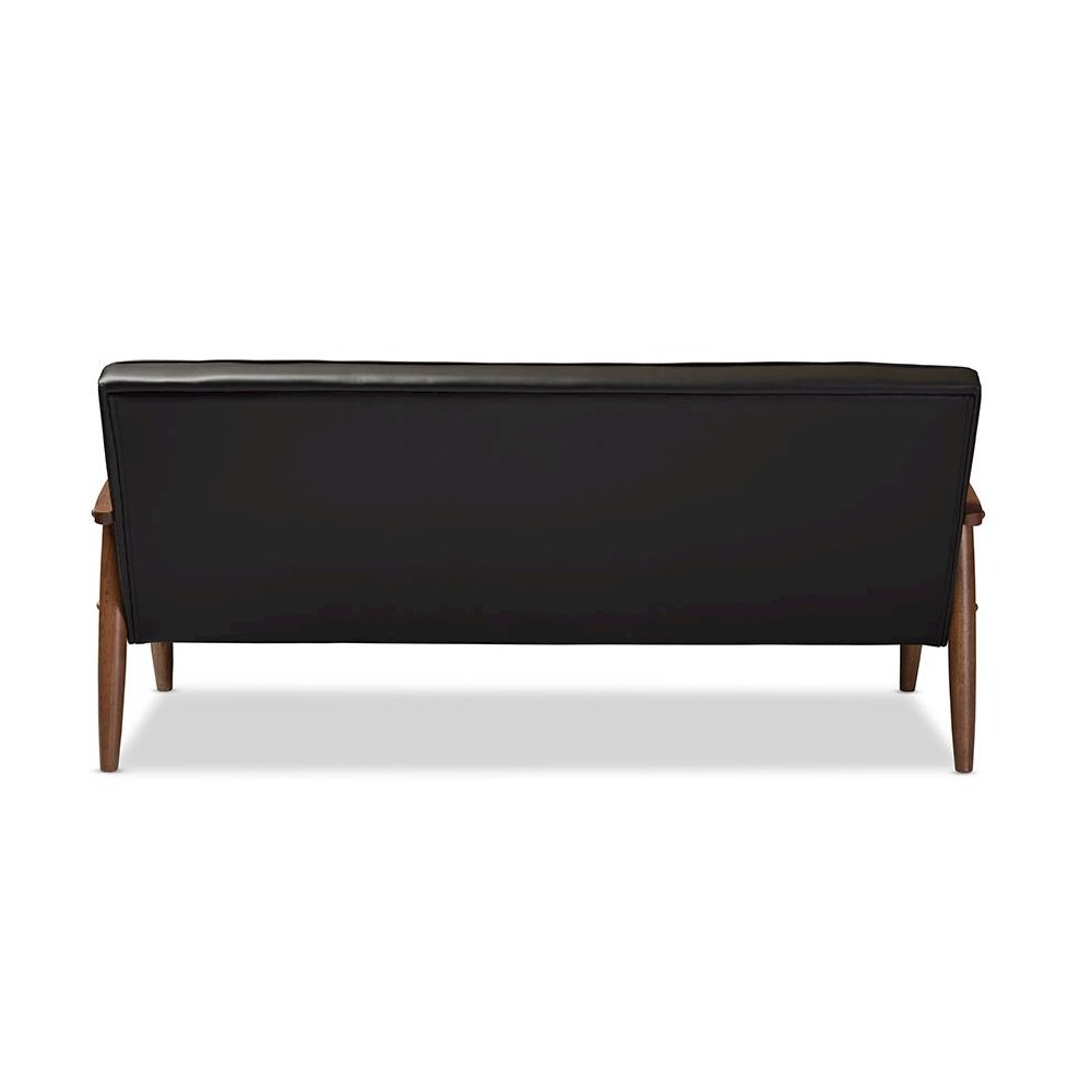 Mid-century Retro Modern Black Faux Leather Upholstered Wooden 3-seater Sofa. Picture 3
