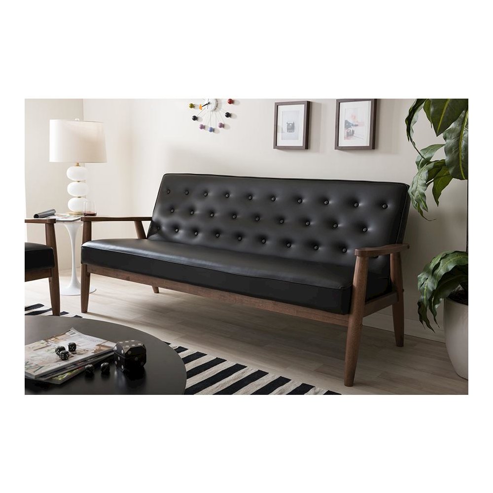 Mid-century Retro Modern Black Faux Leather Upholstered Wooden 3-seater Sofa. Picture 4