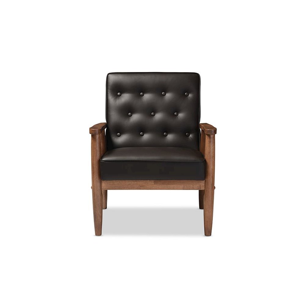 Mid-century Retro Modern Brown Faux Leather Upholstered Wooden Lounge Chair. Picture 5