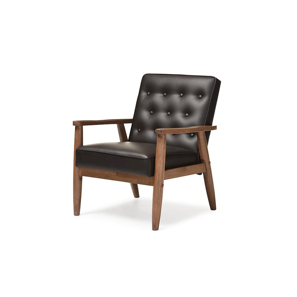 Mid-century Retro Modern Brown Faux Leather Upholstered Wooden Lounge Chair. Picture 1