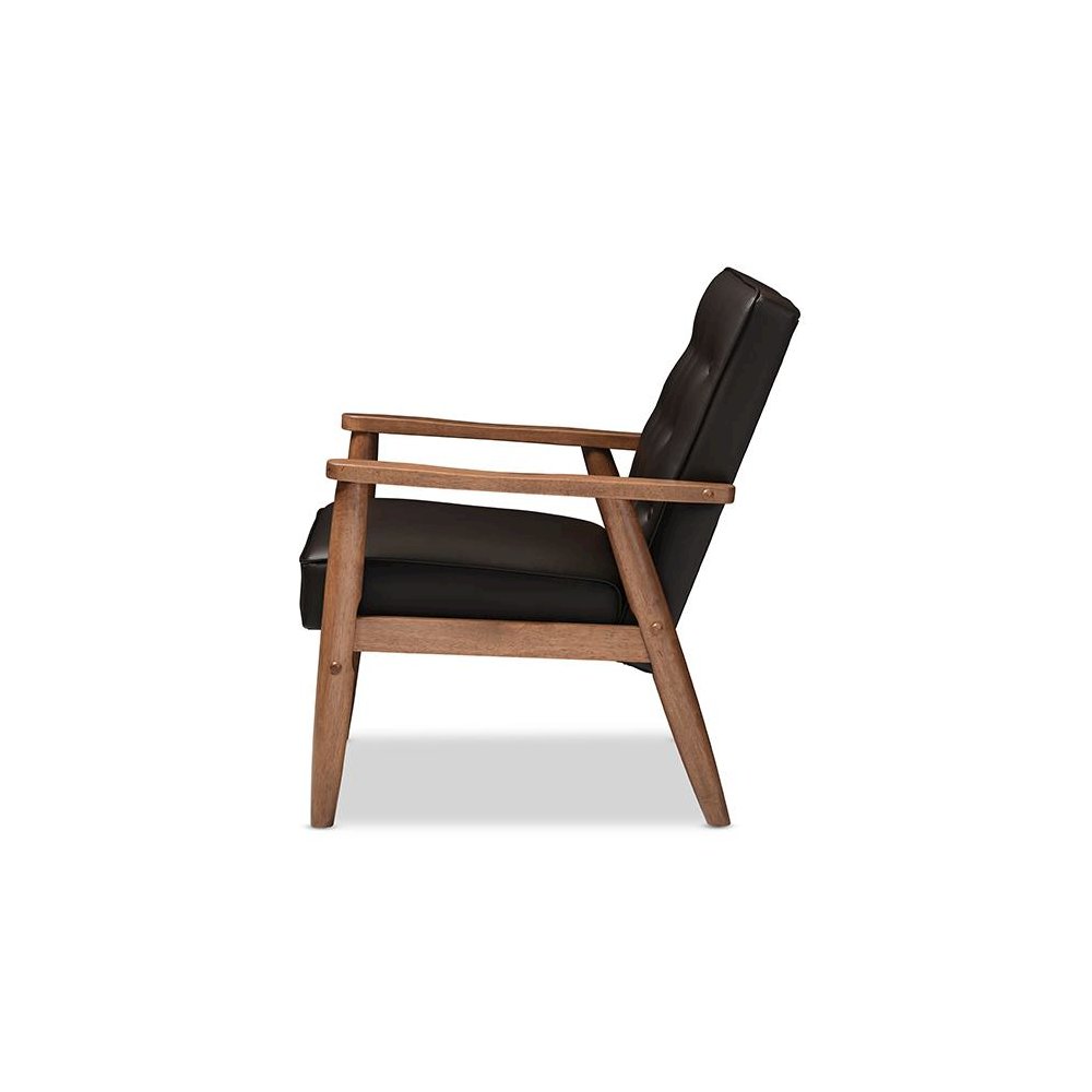 Mid-century Retro Modern Brown Faux Leather Upholstered Wooden Lounge Chair. Picture 2