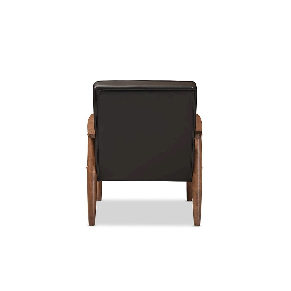 Mid-century Retro Modern Brown Faux Leather Upholstered Wooden Lounge Chair. Picture 3