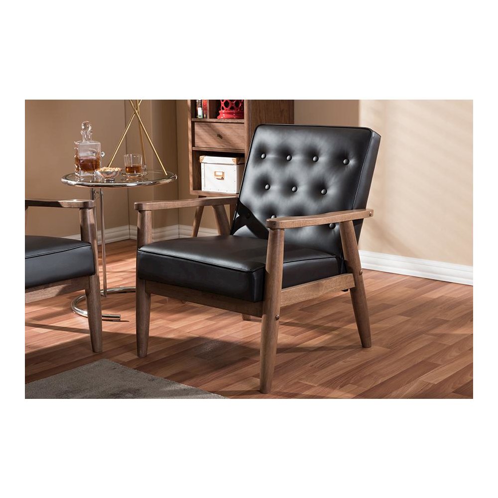 Mid-century Retro Modern Brown Faux Leather Upholstered Wooden Lounge Chair. Picture 4