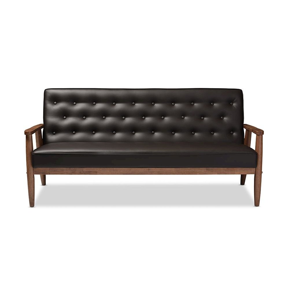 Mid-century Retro Modern Brown Faux Leather Upholstered Wooden 3-seater Sofa. Picture 5
