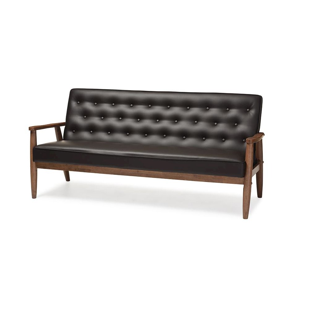 Mid-century Retro Modern Brown Faux Leather Upholstered Wooden 3-seater Sofa. Picture 1