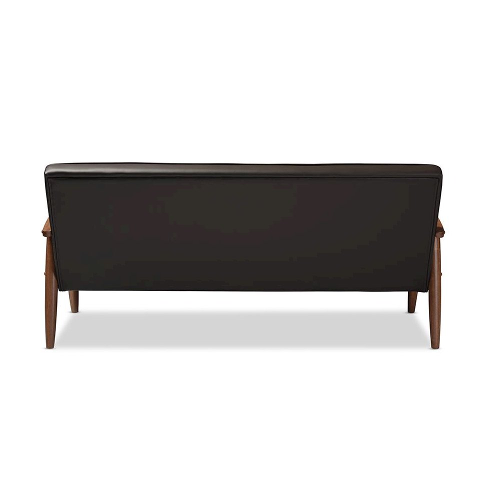 Mid-century Retro Modern Brown Faux Leather Upholstered Wooden 3-seater Sofa. Picture 3