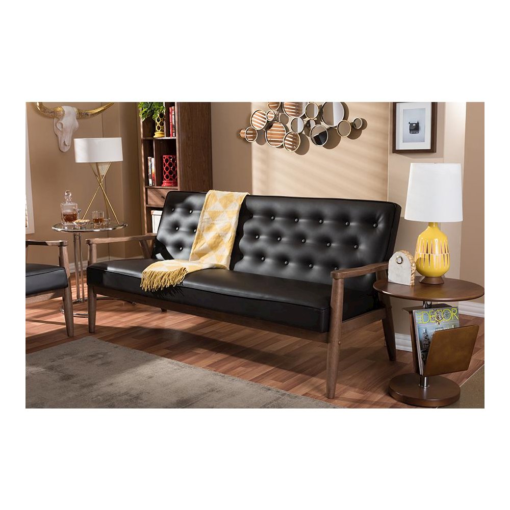 Mid-century Retro Modern Brown Faux Leather Upholstered Wooden 3-seater Sofa. Picture 4