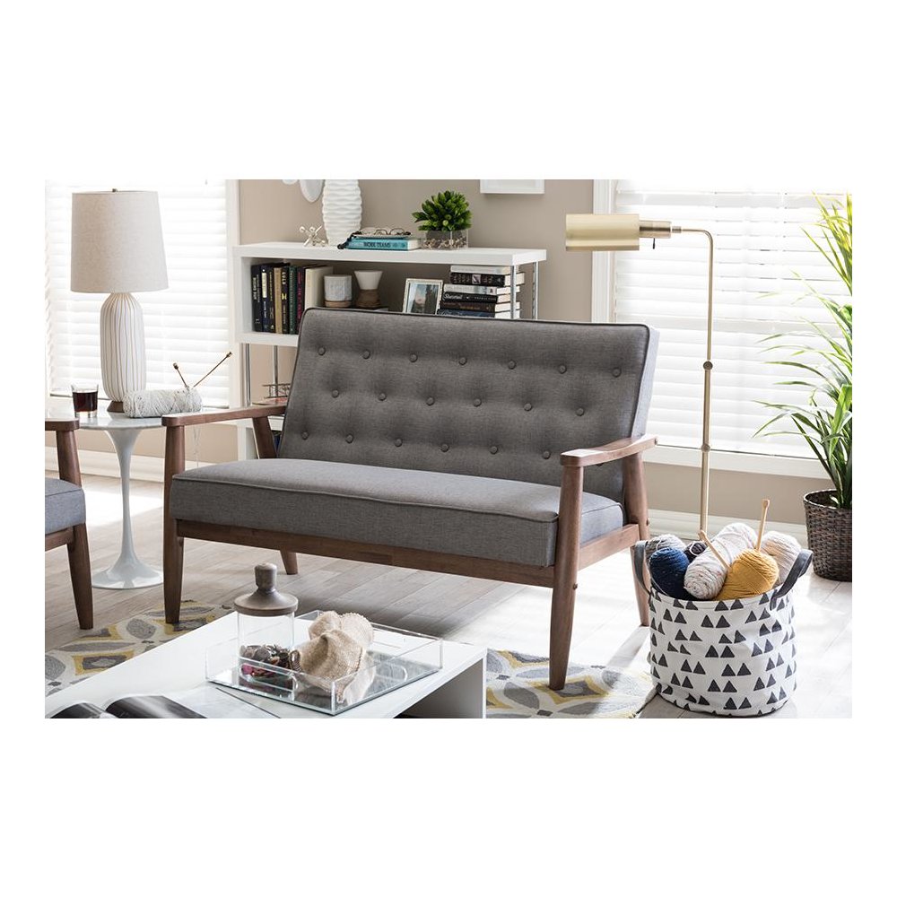 Grey Fabric Upholstered Wooden 2-seater Loveseat. Picture 4