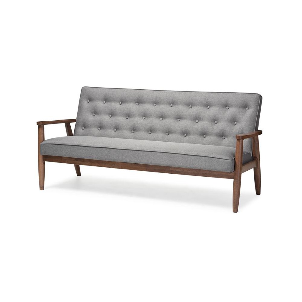 Sorrento Mid-century Retro Modern Grey Fabric Upholstered Wooden 3-seater Sofa. Picture 1