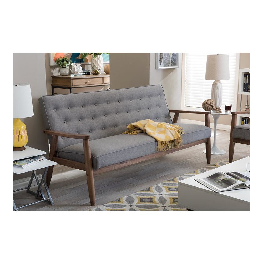 Sorrento Mid-century Retro Modern Grey Fabric Upholstered Wooden 3-seater Sofa. Picture 4