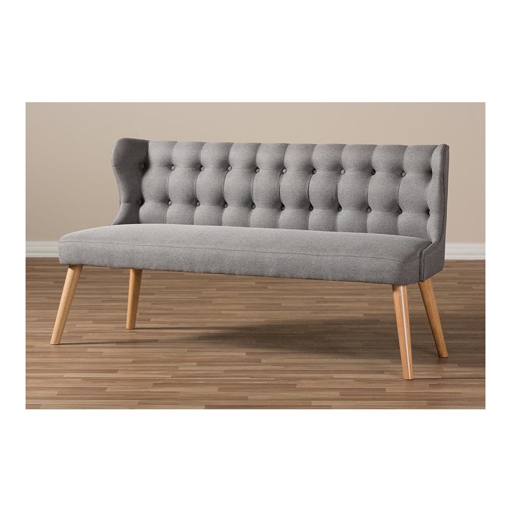 Grey Fabric and Natural Wood Finishing 3-Seater Settee Bench. Picture 8