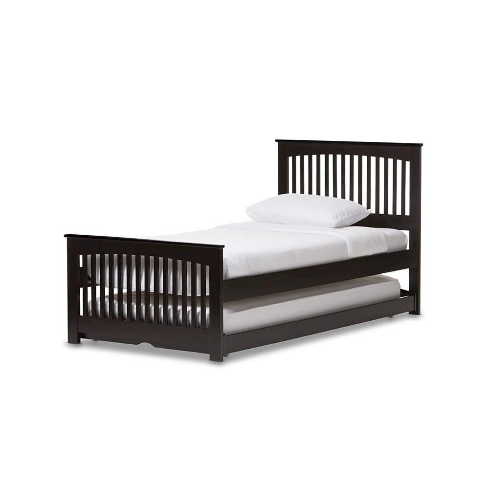 Hevea Twin Size Dark Brown Solid Wood Platform Bed with Guest Trundle Bed. Picture 1
