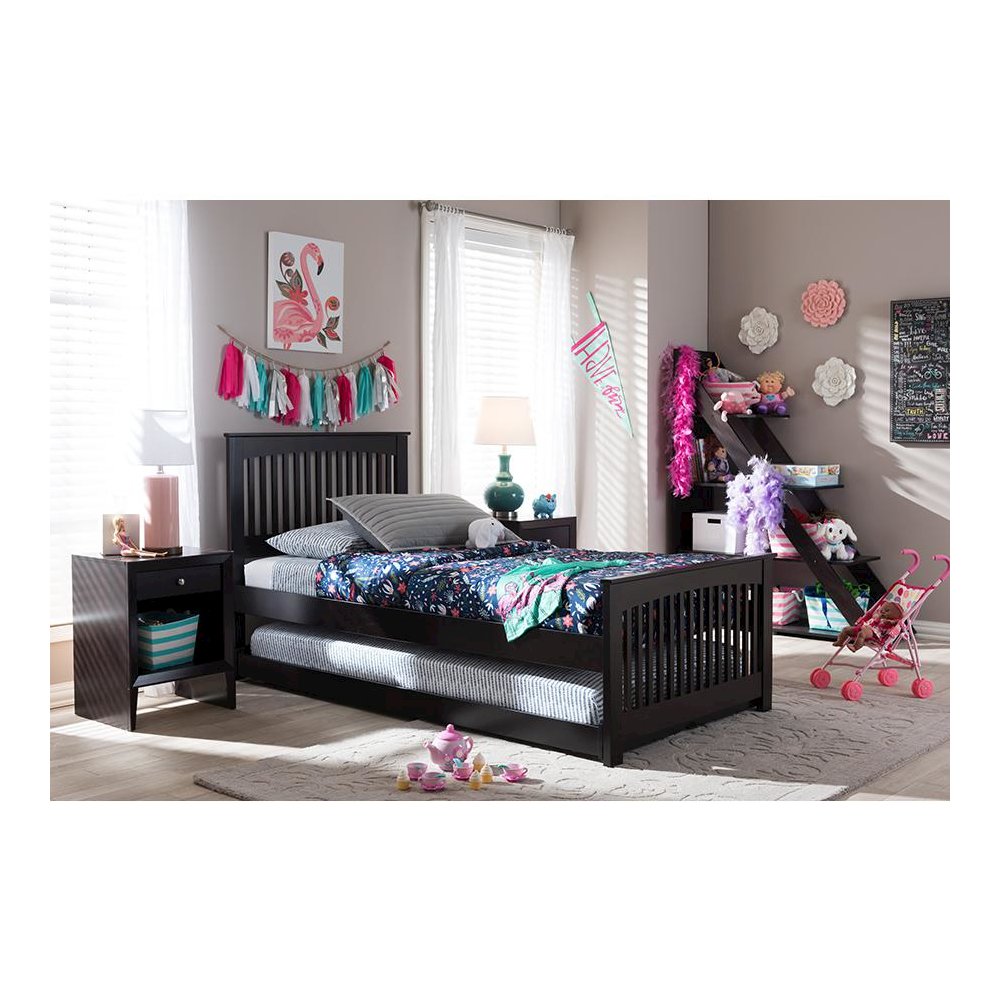 Hevea Twin Size Dark Brown Solid Wood Platform Bed with Guest Trundle Bed. Picture 5