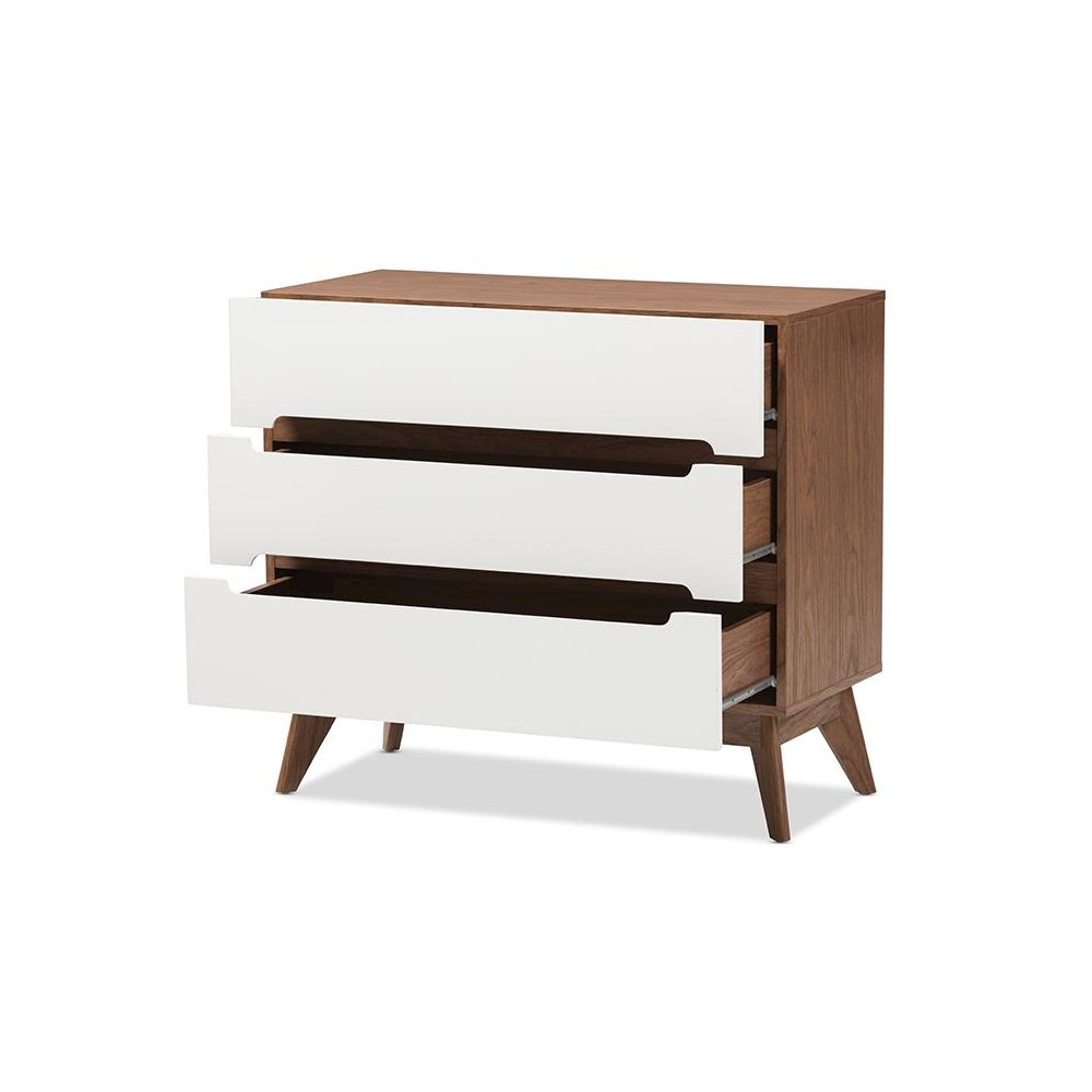 Calypso Mid-Century Modern White and Walnut Wood 3-Drawer Storage Chest. Picture 2