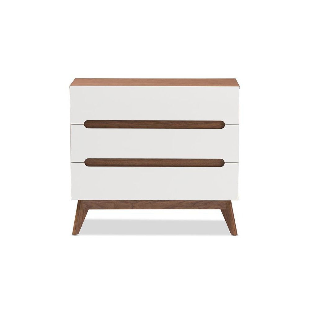 Calypso Mid-Century Modern White and Walnut Wood 3-Drawer Storage Chest. Picture 3