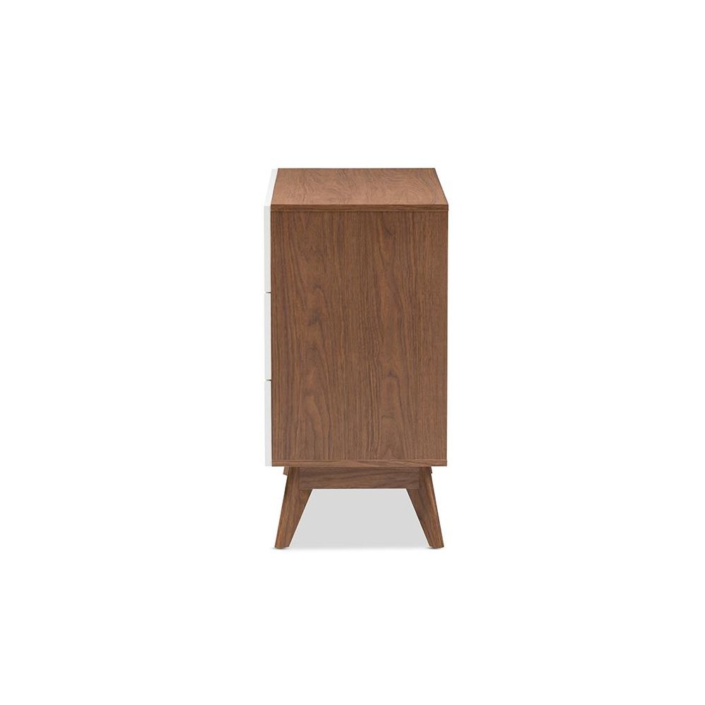 Calypso Mid-Century Modern White and Walnut Wood 3-Drawer Storage Chest. Picture 4