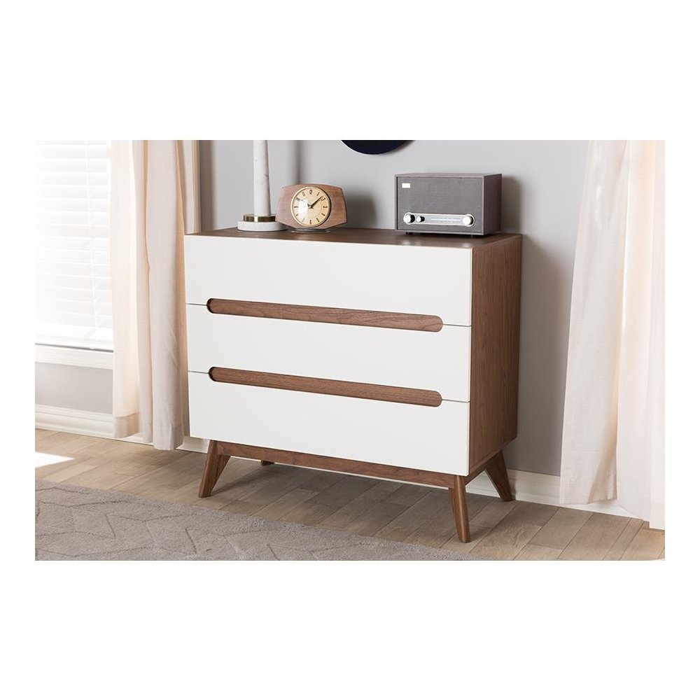 Calypso Mid-Century Modern White and Walnut Wood 3-Drawer Storage Chest. Picture 6