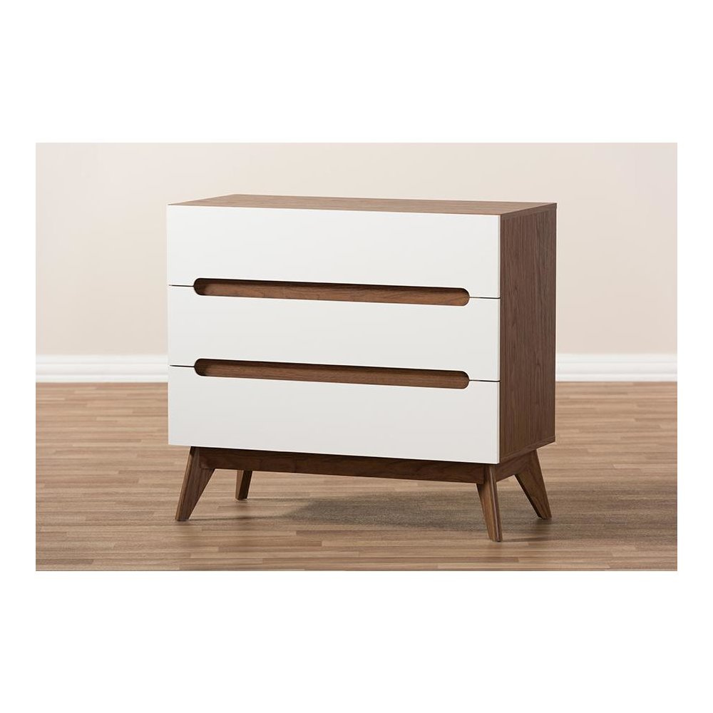 Calypso Mid-Century Modern White and Walnut Wood 3-Drawer Storage Chest. Picture 7