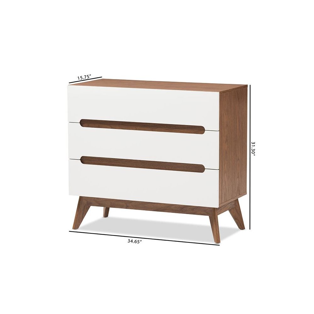 Calypso Mid-Century Modern White and Walnut Wood 3-Drawer Storage Chest. Picture 8