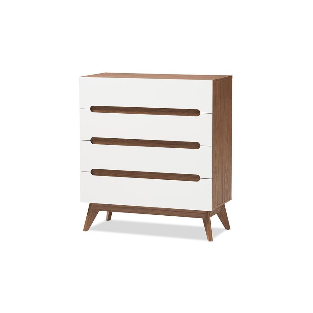 Calypso Mid-Century Modern White and Walnut Wood 4-Drawer Storage Chest. Picture 1