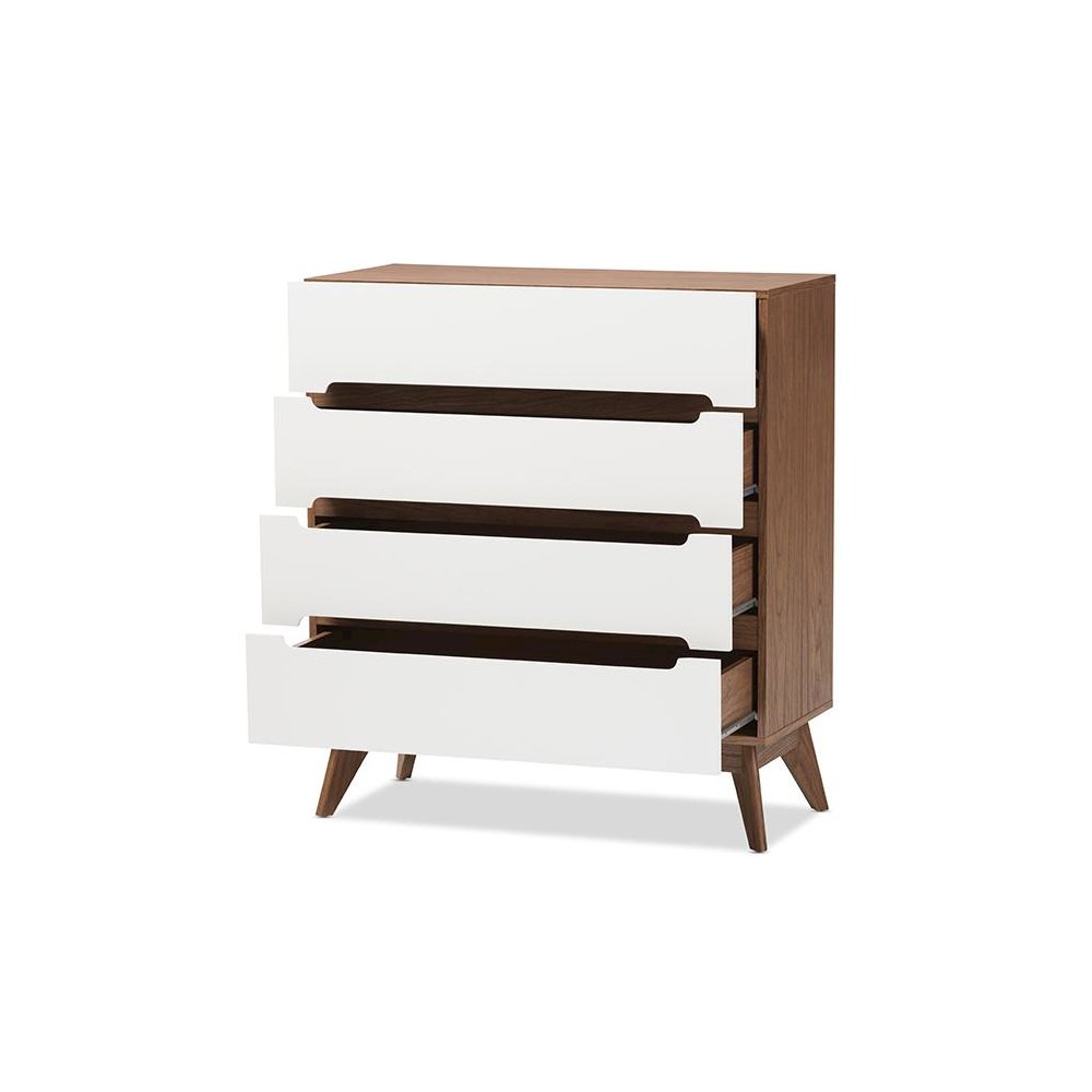 Calypso Mid-Century Modern White and Walnut Wood 4-Drawer Storage Chest. Picture 2