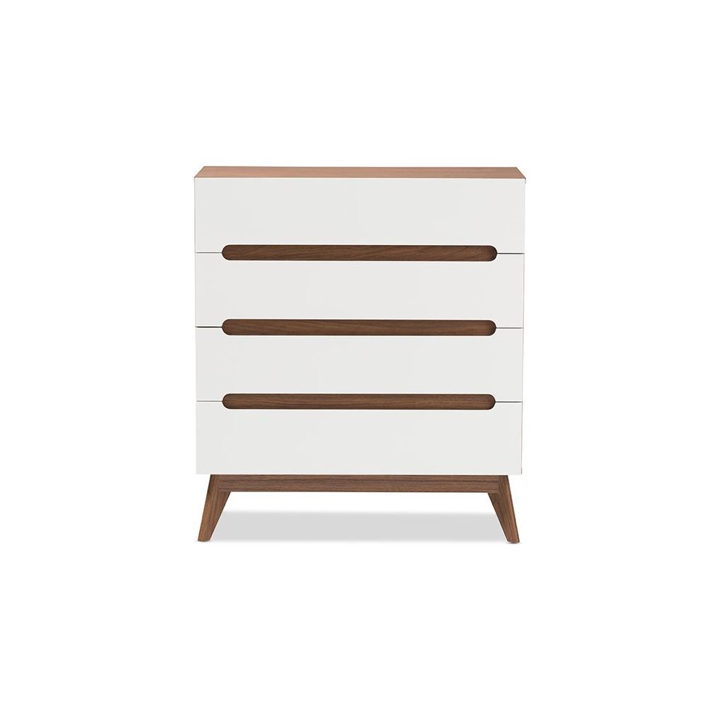 Calypso Mid-Century Modern White and Walnut Wood 4-Drawer Storage Chest. Picture 3