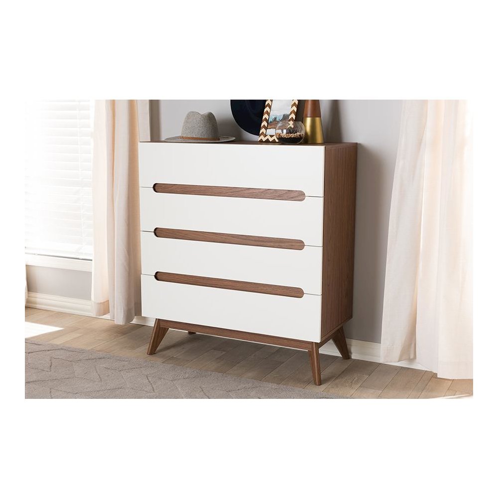 Calypso Mid-Century Modern White and Walnut Wood 4-Drawer Storage Chest. Picture 6