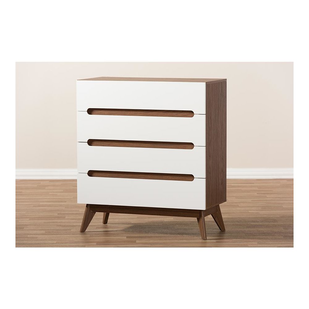 Calypso Mid-Century Modern White and Walnut Wood 4-Drawer Storage Chest. Picture 7