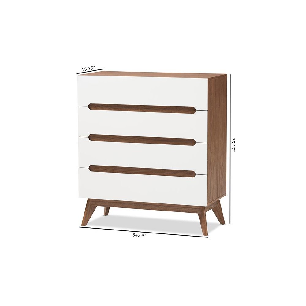 Calypso Mid-Century Modern White and Walnut Wood 4-Drawer Storage Chest. Picture 8