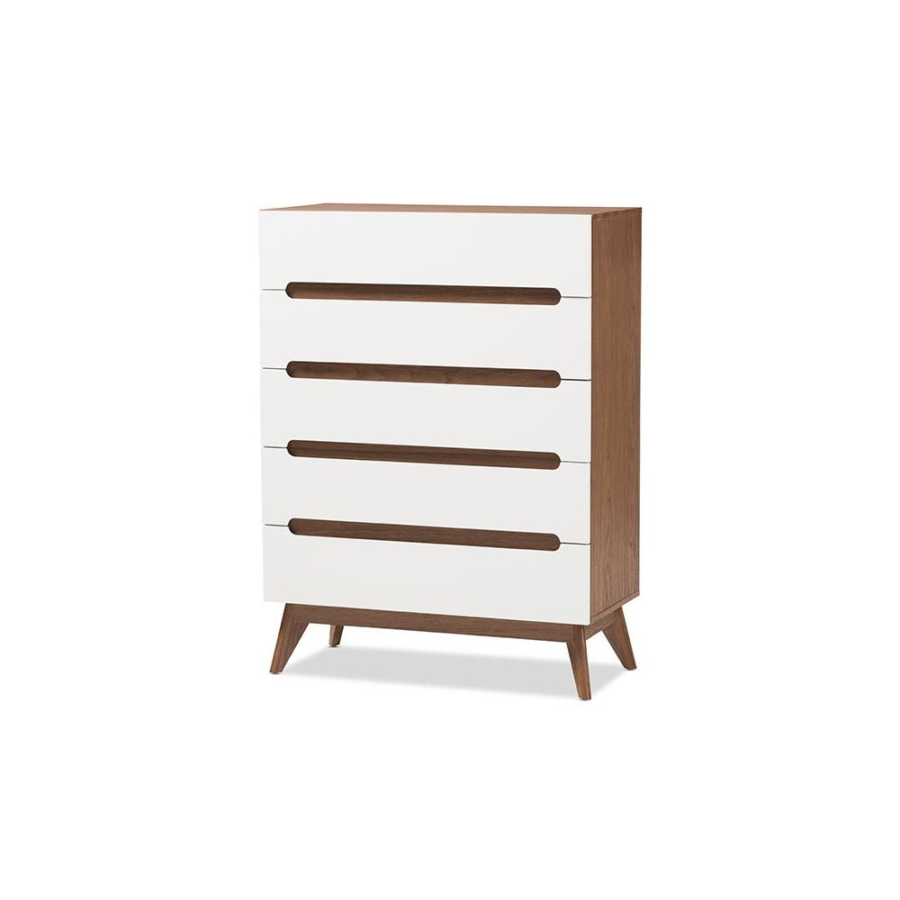 Calypso Mid-Century Modern White and Walnut Wood 5-Drawer Storage Chest. Picture 1