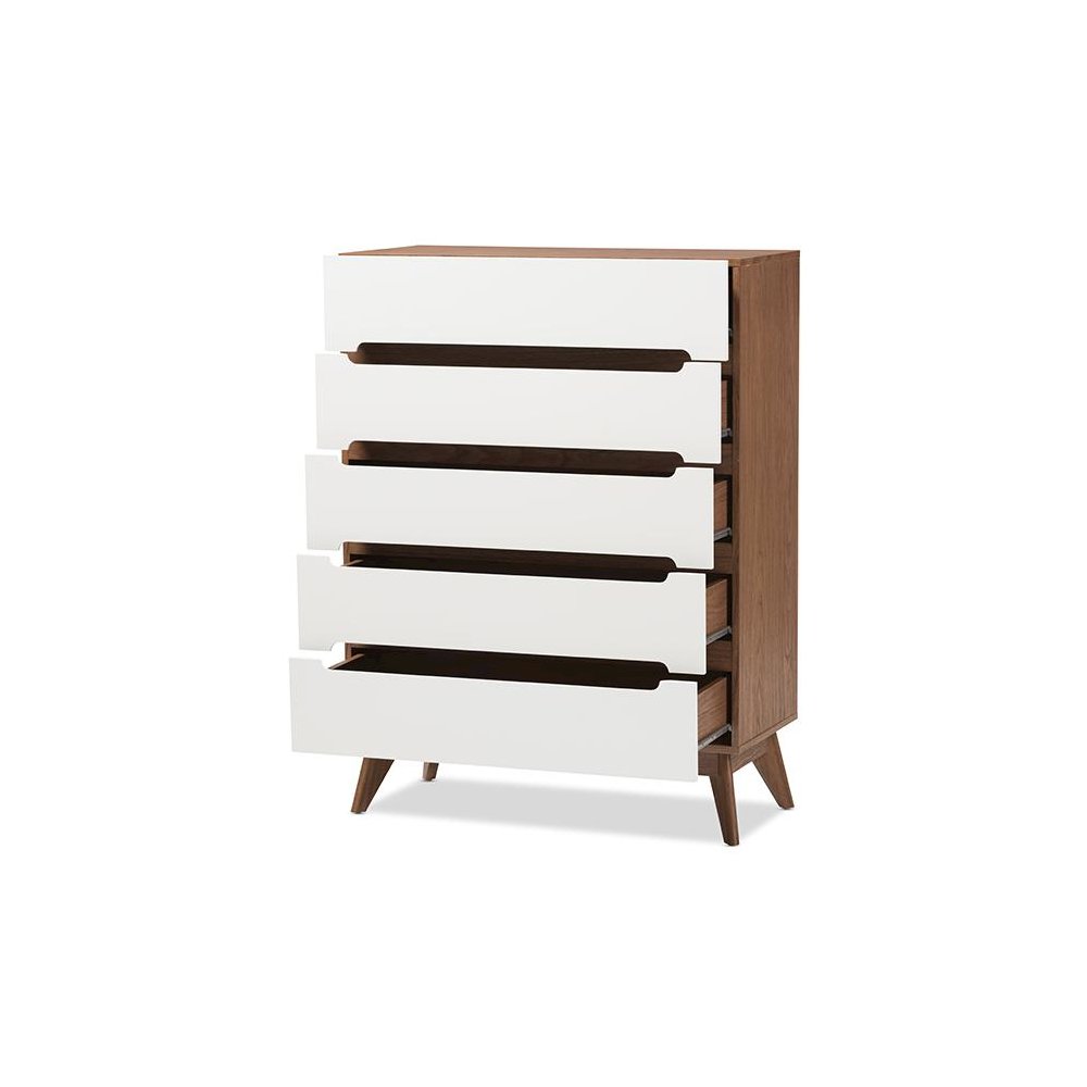 Calypso Mid-Century Modern White and Walnut Wood 5-Drawer Storage Chest. Picture 2