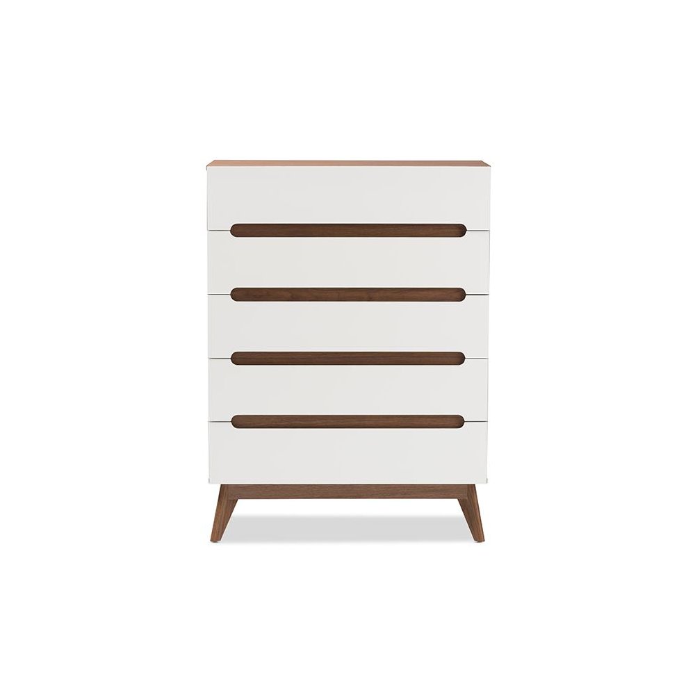 Calypso Mid-Century Modern White and Walnut Wood 5-Drawer Storage Chest. Picture 3